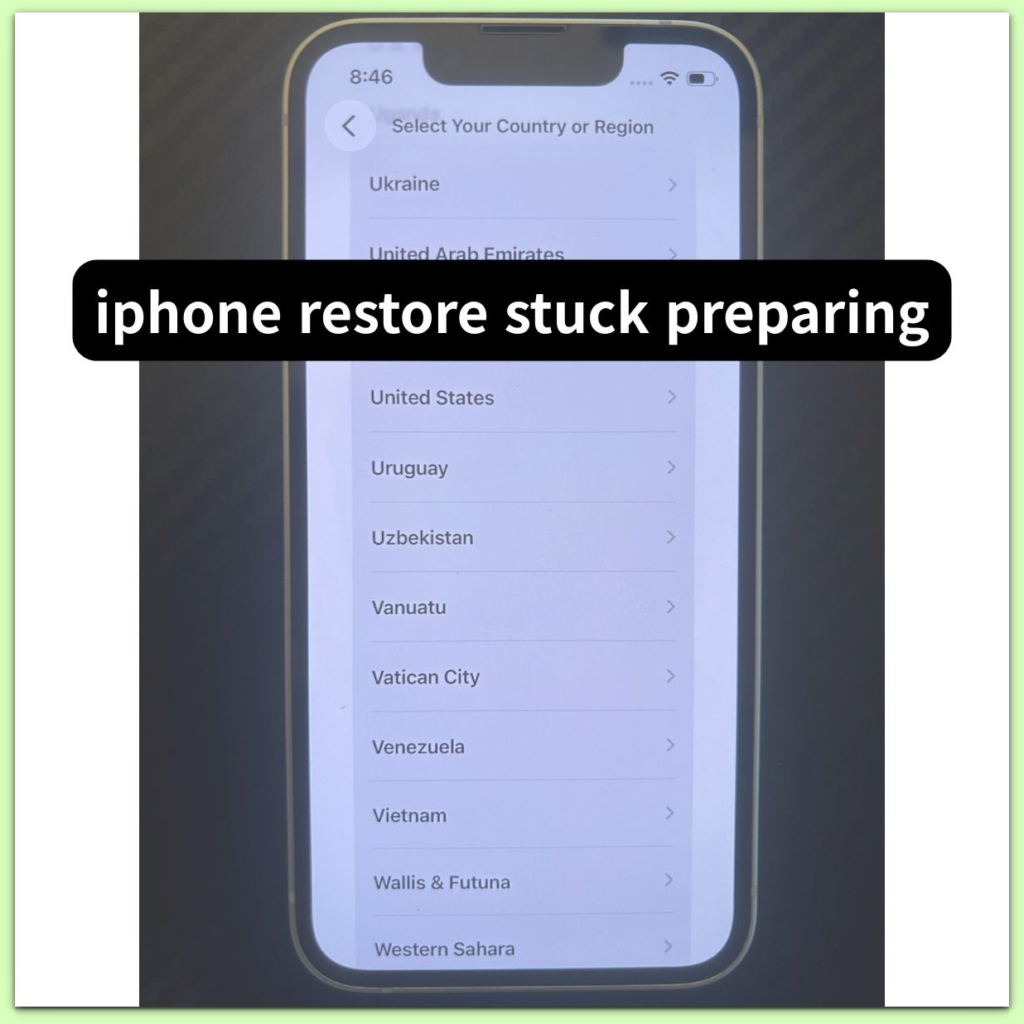 iphone restore stuck preparing setup country region screen