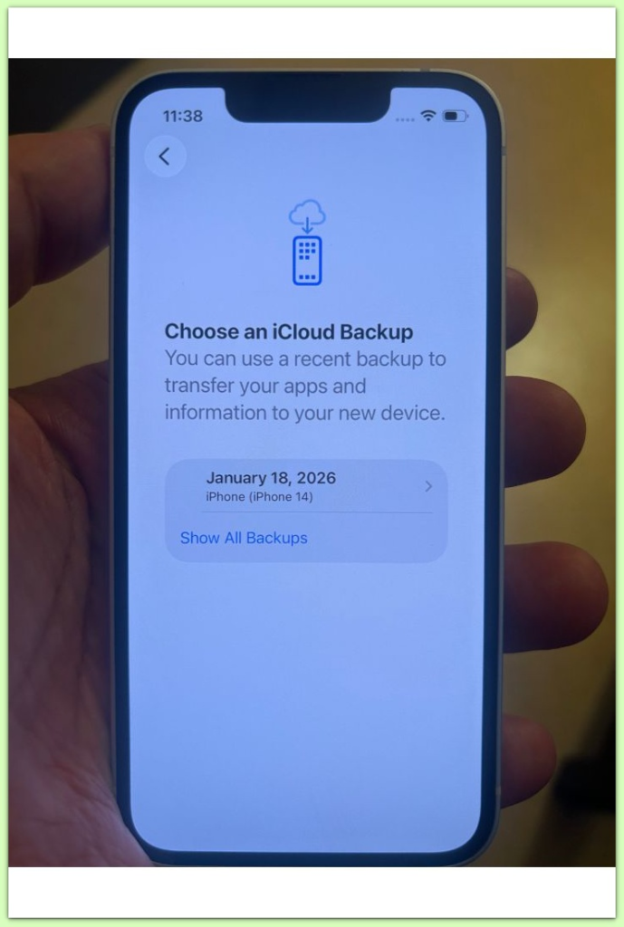 iphone icloud backup selection screen showing backup date before restore execution
