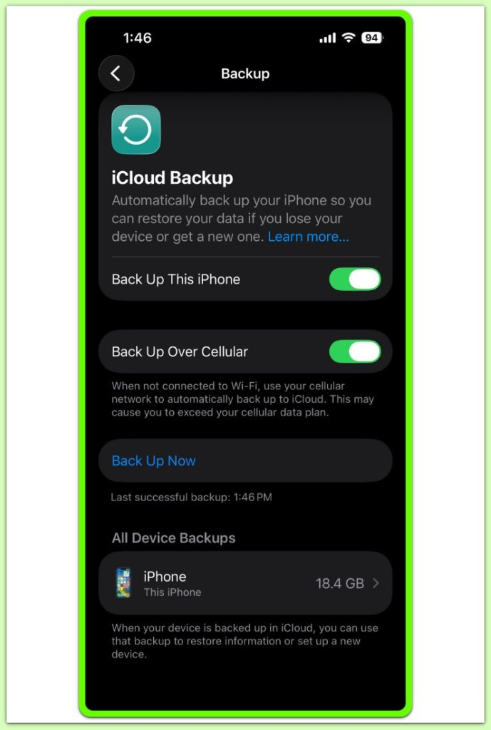 icloud backup enabled showing last successful backup on iphone
