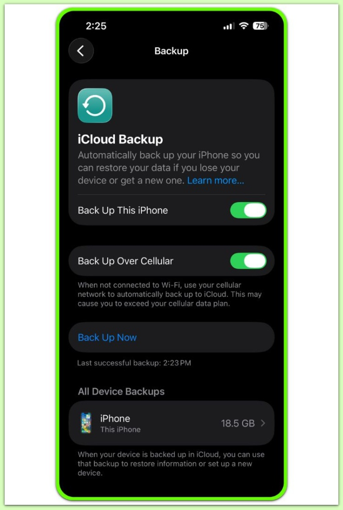 iphone icloud backup settings showing backup enabled and last successful backup
