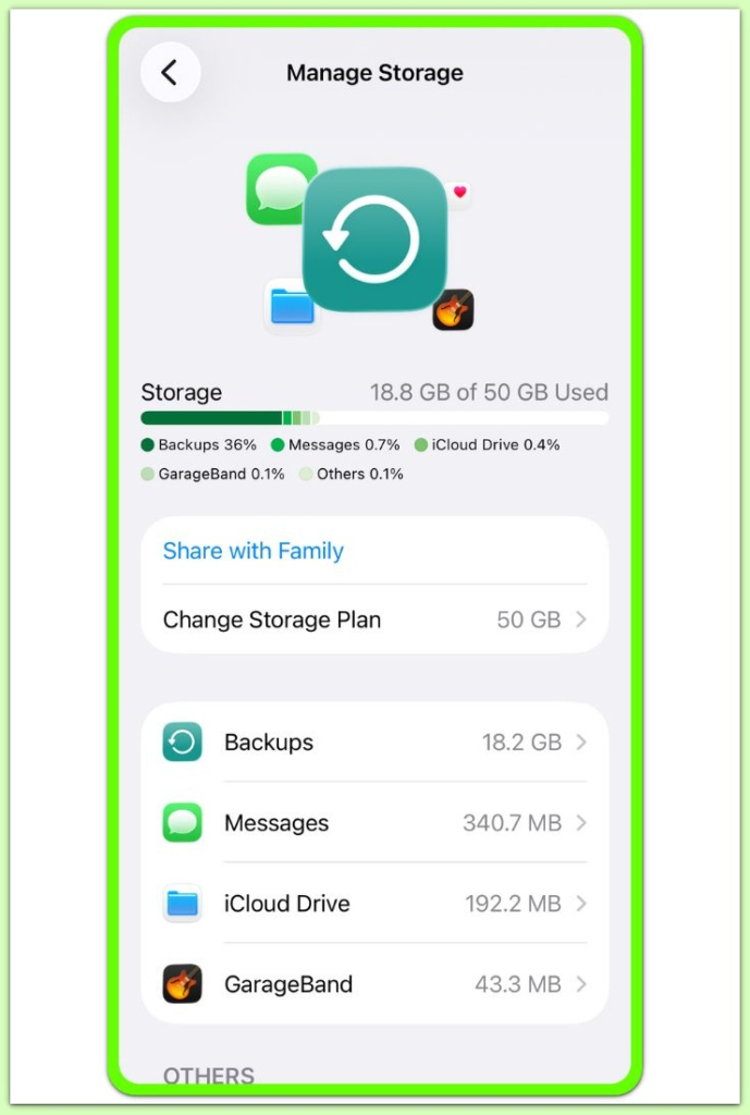 icloud manage storage showing backups usage