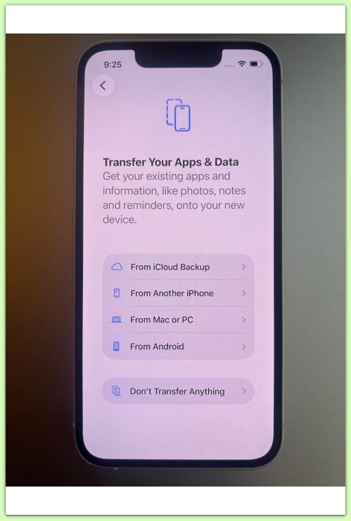 iphone apps and data transfer options screen