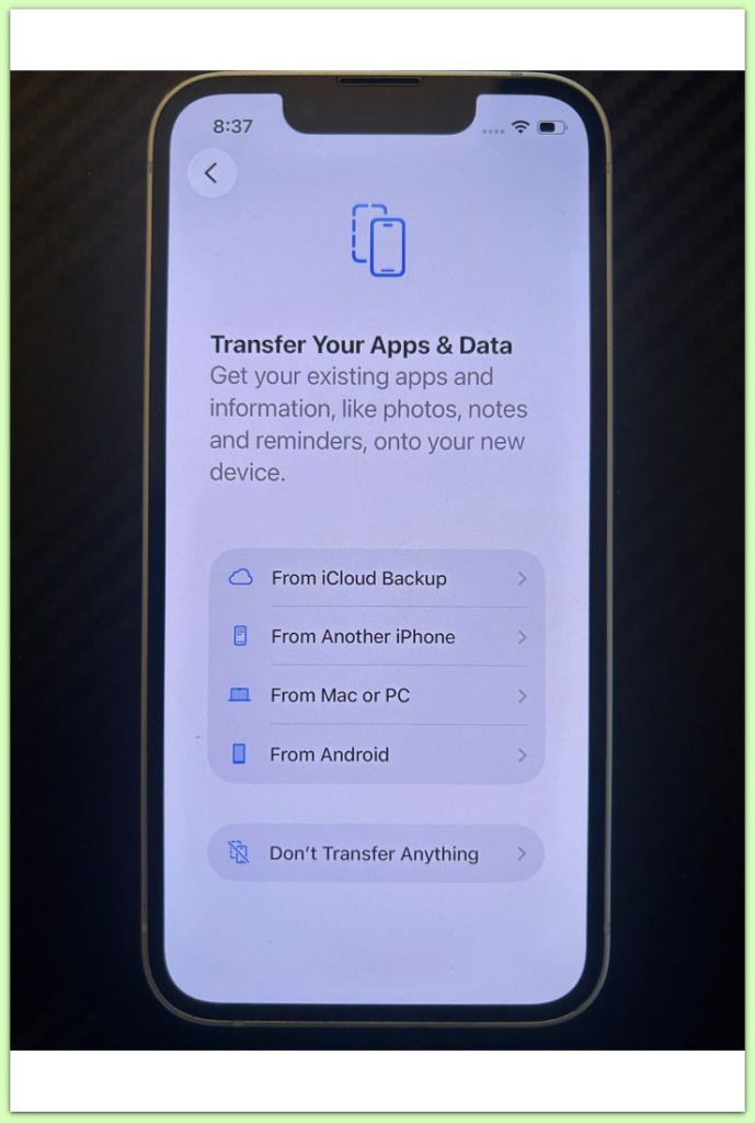 iphone apps and data transfer screen before restore preparing
