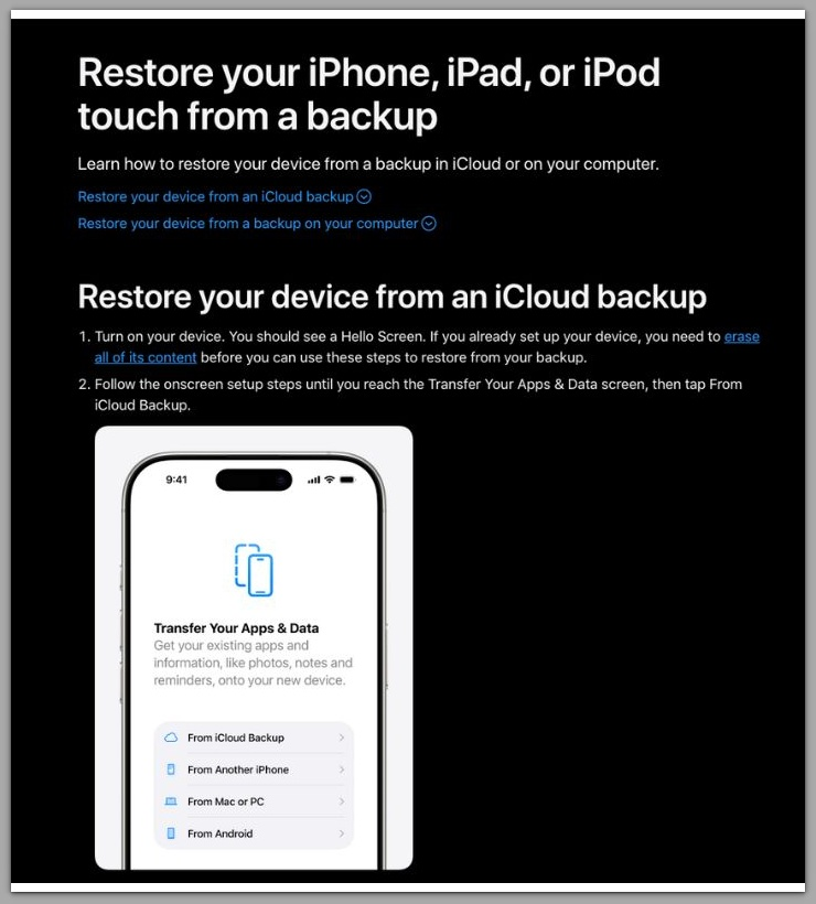 apple official guide showing iphone restore from icloud backup during device setup