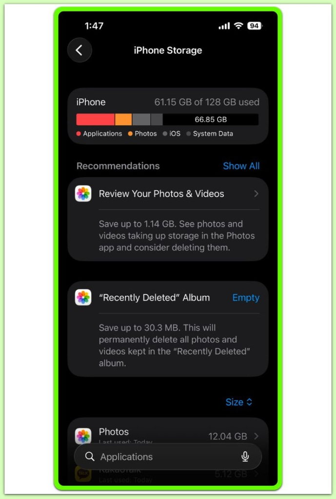 iphone storage usage after restore showing apps photos and system data