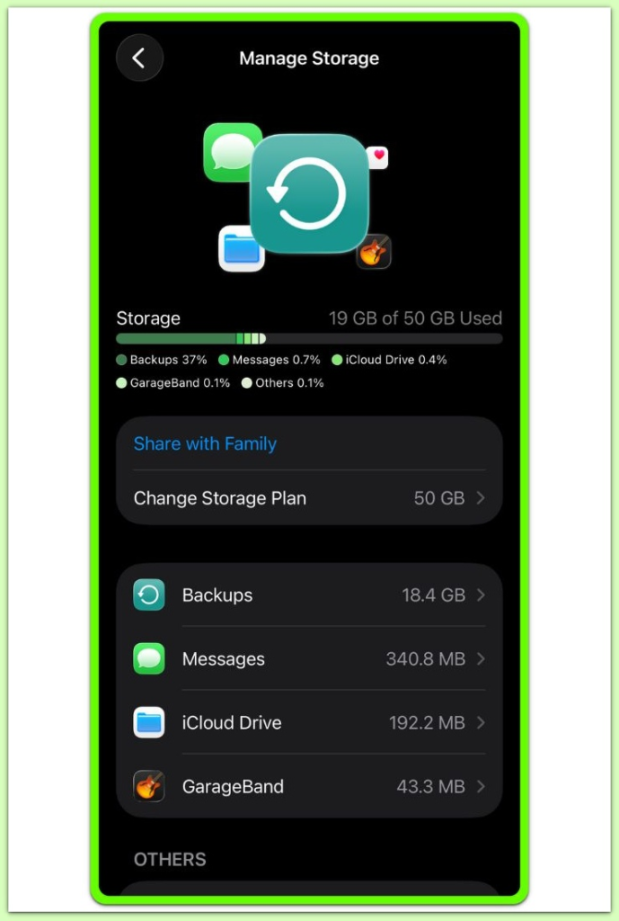 icloud storage breakdown showing backups usage without app level data details
