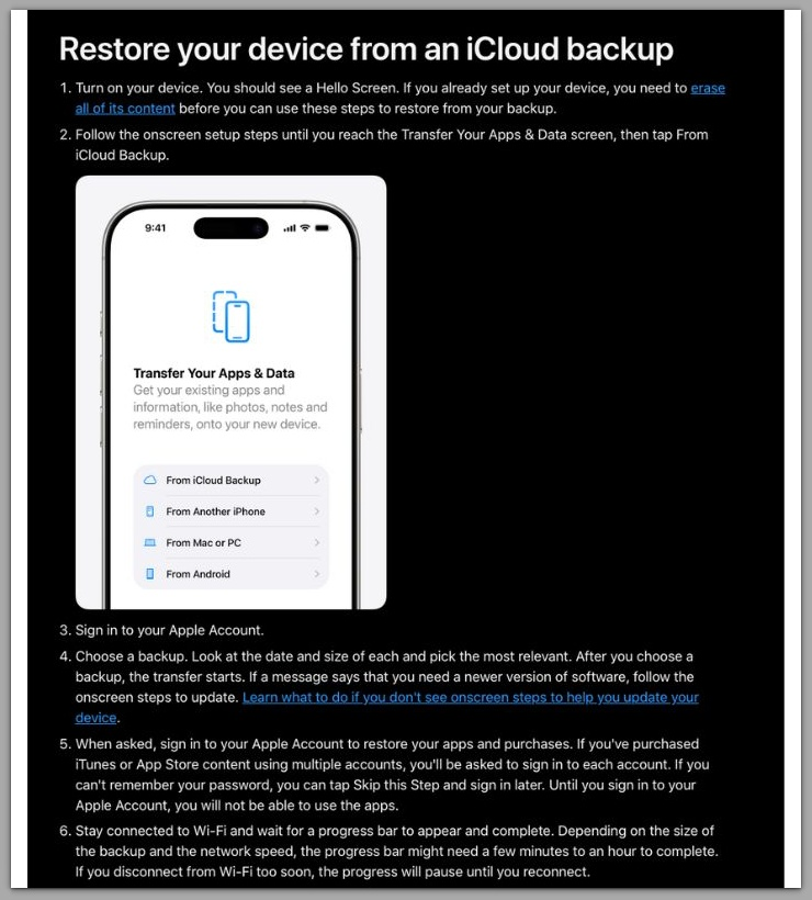 restore iphone from icloud backup setup screen