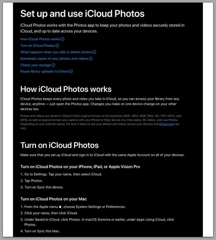 apple official documentation explaining how icloud photos syncs content across devices