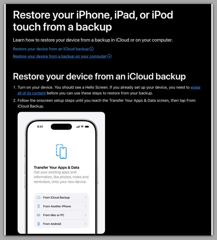 ios restore process official documentation showing transfer your apps and data restore boundary