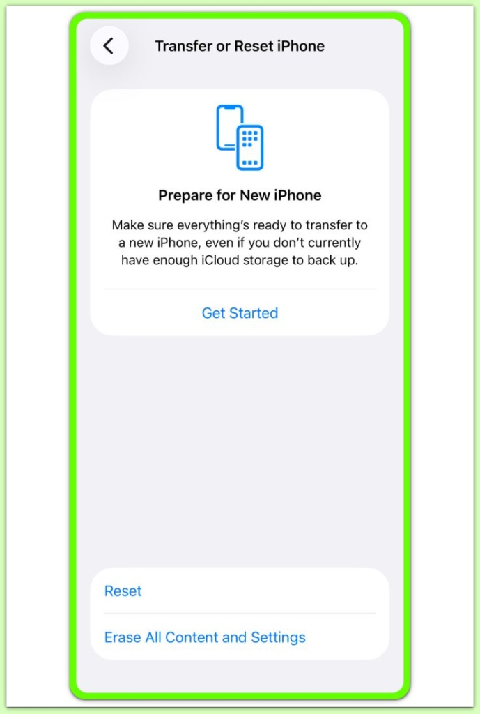 transfer or reset iphone settings screen showing recovery options
