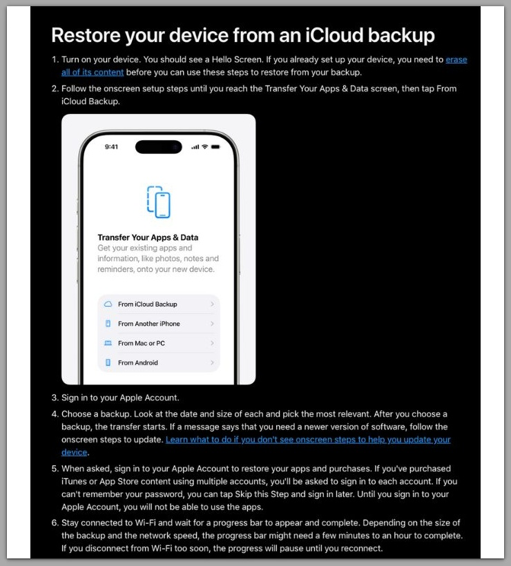 iphone restore from icloud backup transfer your apps and data screen
