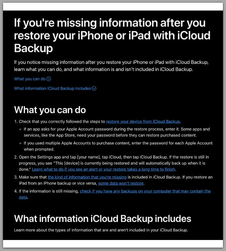 apple support article explaining missing information after iphone icloud restore