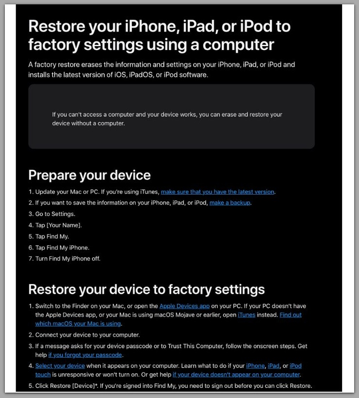 restore your iphone ipad or ipod to factory settings using a computer apple support page