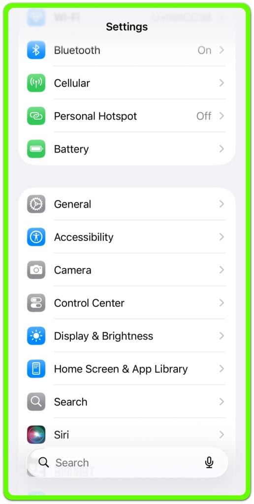 iphone settings main screen showing system options
