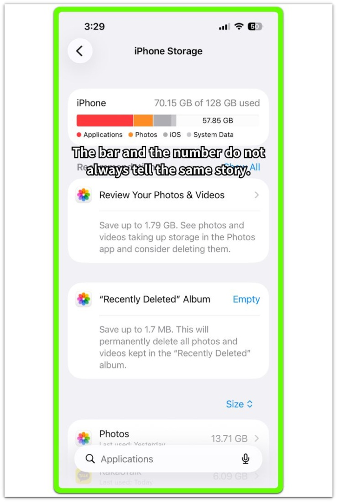 iphone storage bar wrong with bar and number mismatch