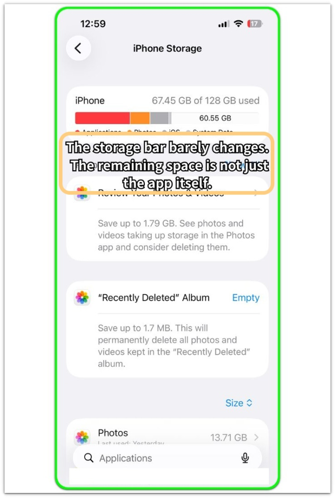 offloaded apps but iphone storage still full storage bar barely changes