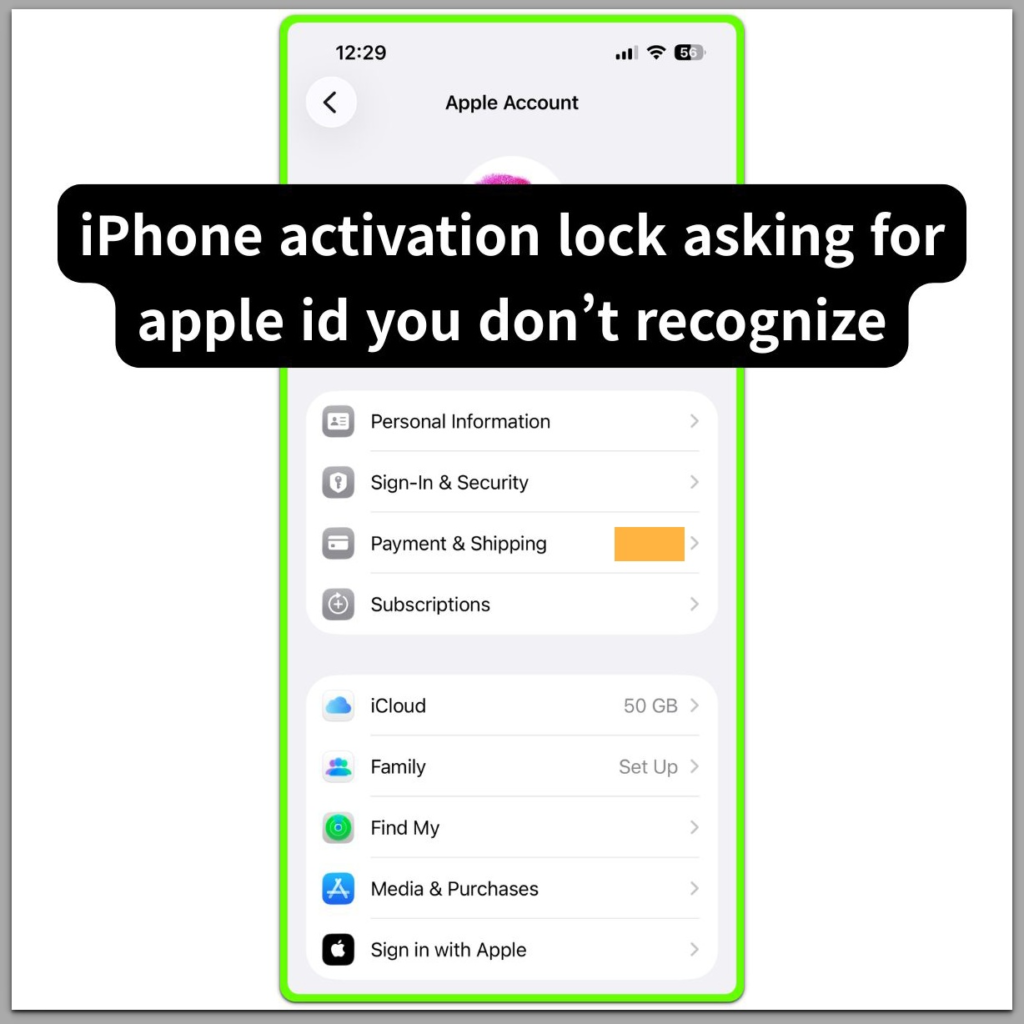 iphone activation lock apple id settings screen showing account linked to device