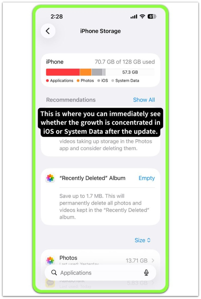 iphone storage increased after ios update storage bar showing ios and system data categories