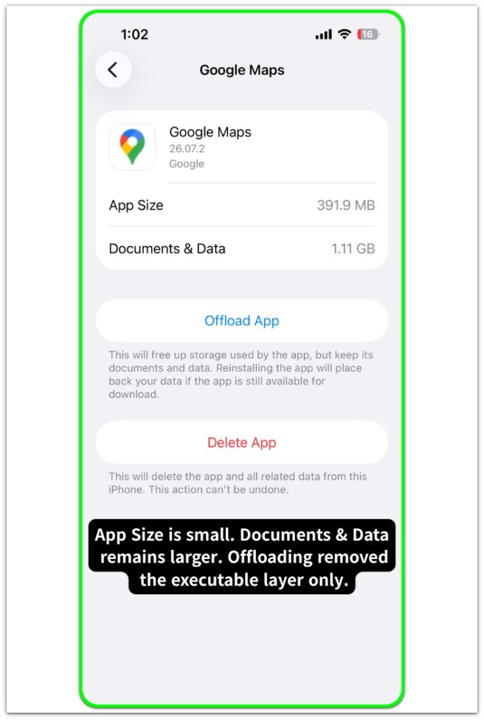 offloaded apps but iphone storage still full iphone app storage screen showing app size and documents and data difference