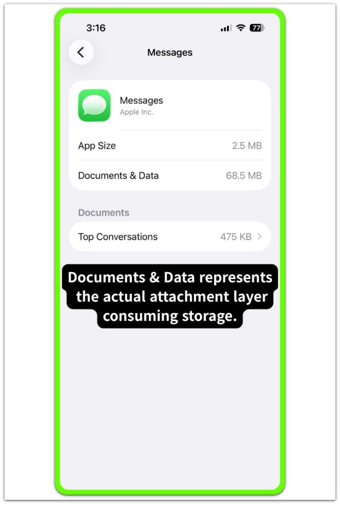 messages documents and data breakdown inside iphone storage settings