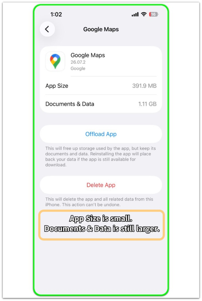 offloaded apps but iphone storage still full app size documents and data