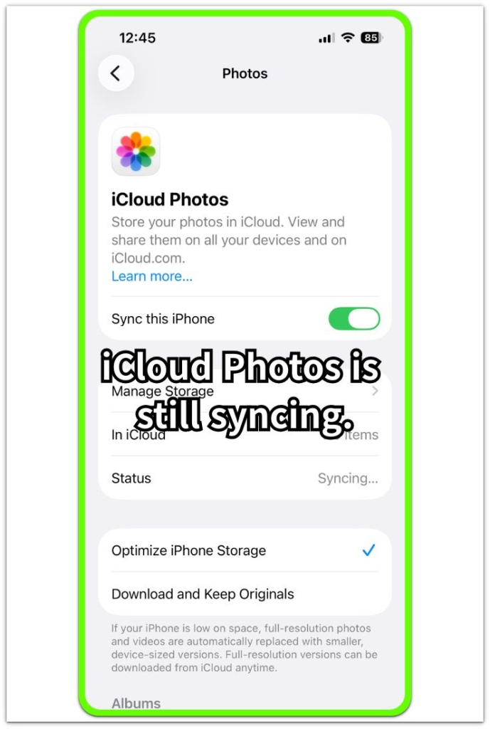 icloud photos is still syncing in iphone photos settings