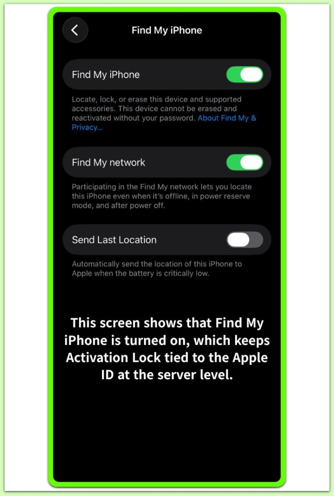 iphone find my iphone settings screen showing activation lock enabled state