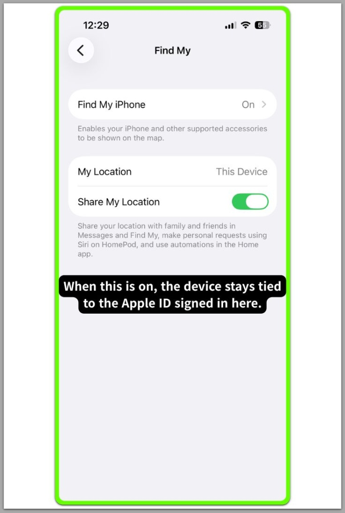iphone find my iphone settings screen showing feature enabled and device linked to apple id