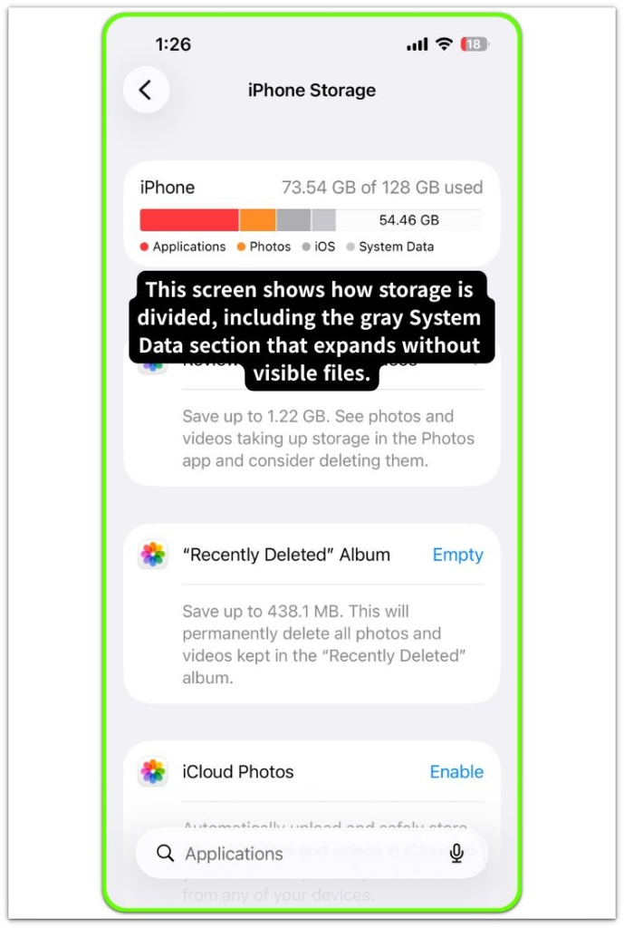 iphone storage screen with system data category visible