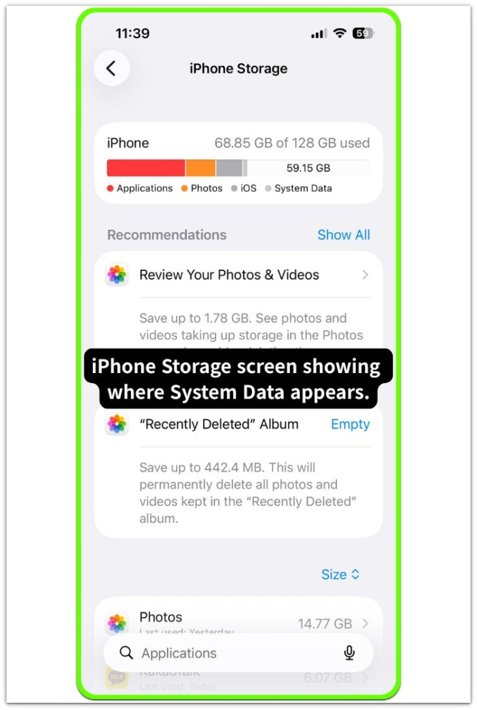 iphone storage screen showing system data category bar