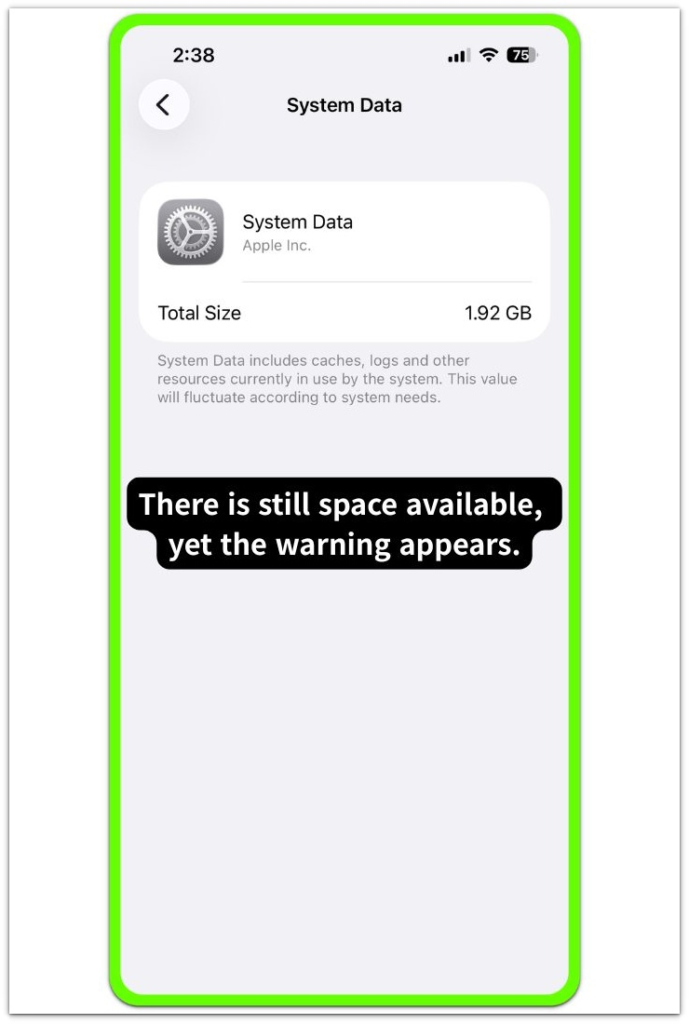 iphone storage full even with free space system data detail screen showing total size and internal cache log allocation structure