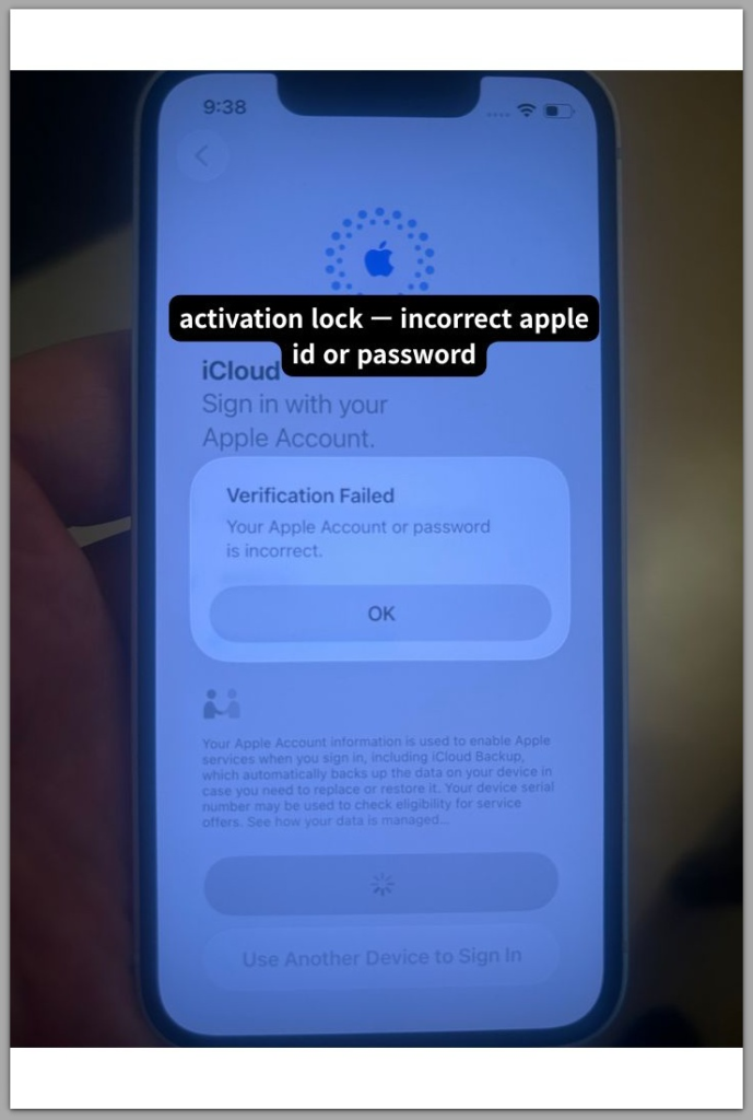 iphone activation screen displaying verification failed incorrect apple account or password message