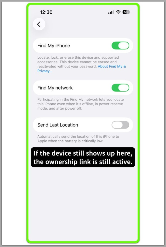 iphone find my settings screen showing device still listed under apple id