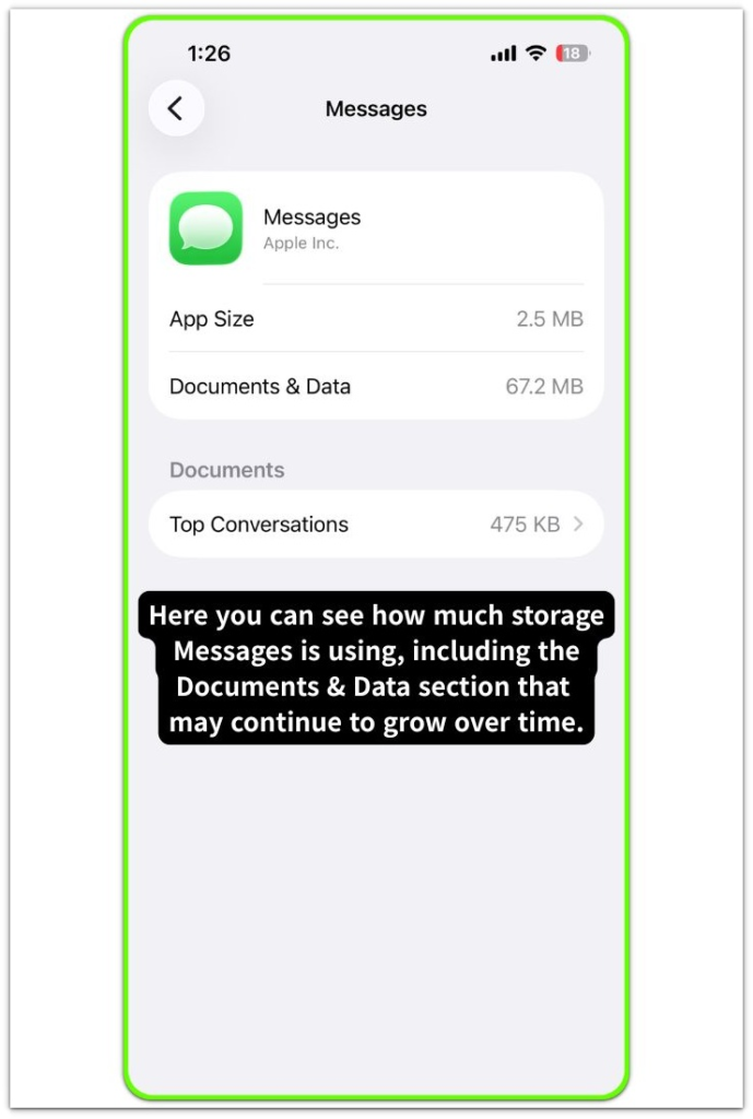 iphone messages storage screen showing documents and data size