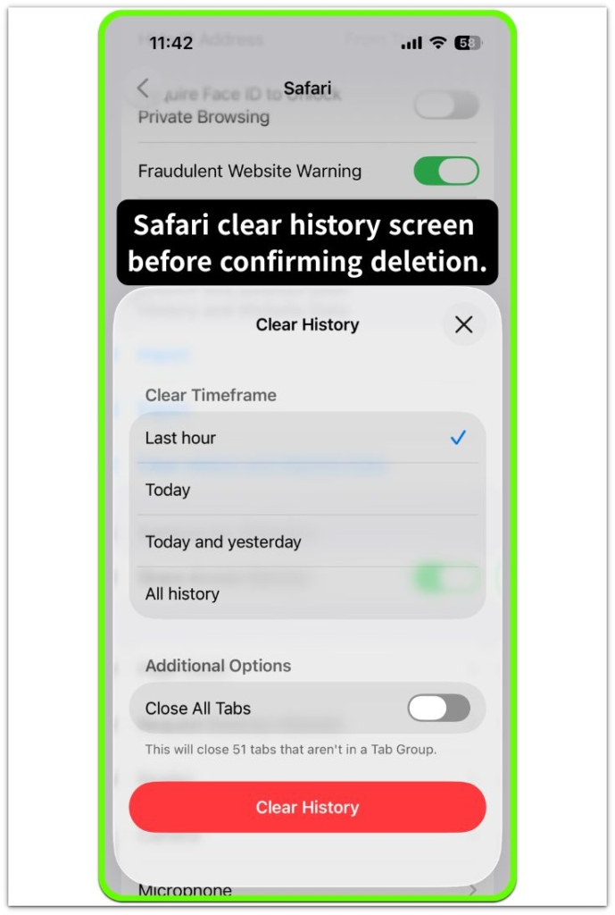 iphone safari clear history timeframe selection screen