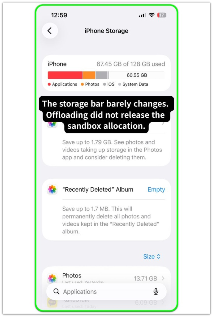 offloaded apps but iphone storage still full iphone storage bar showing minimal change after offloading