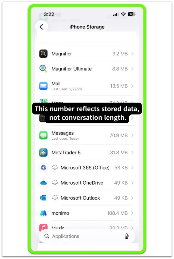 messages app storage size listed in iphone storage application list screen