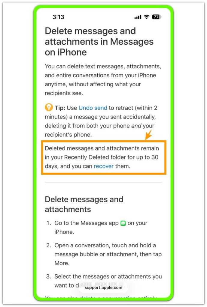 apple support documentation showing recently deleted messages retained for up to 30 days
