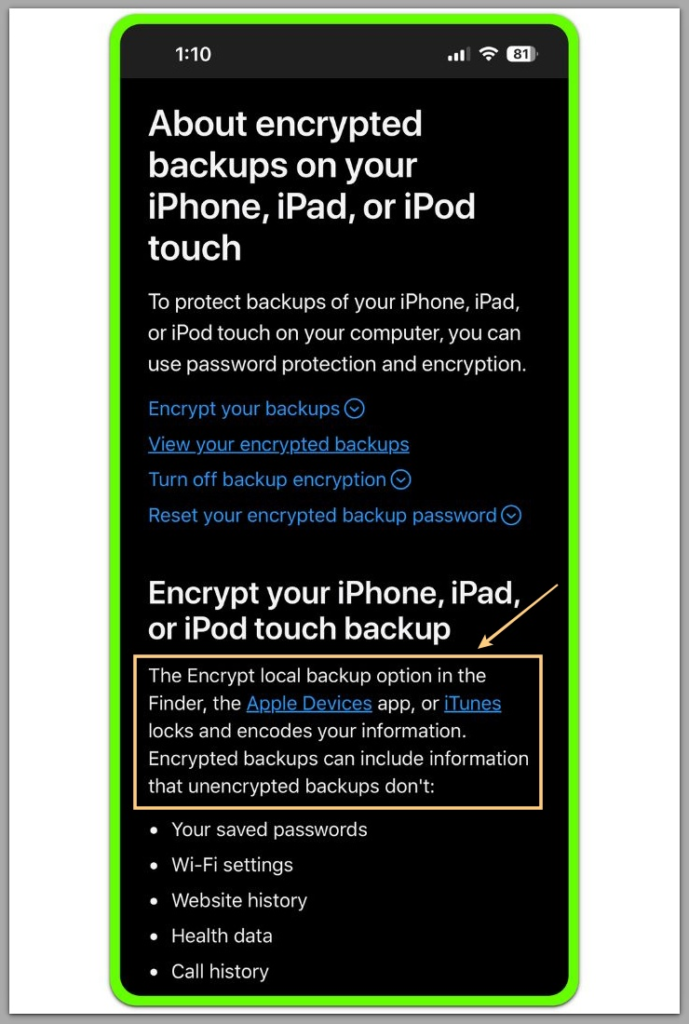 apple encrypted backup documentation showing that encrypted local backups lock and encode device data during restore
