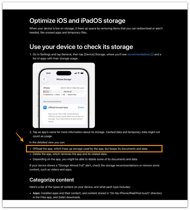 iphone other storage so large apple support page showing offload app option in iphone storage detailed view