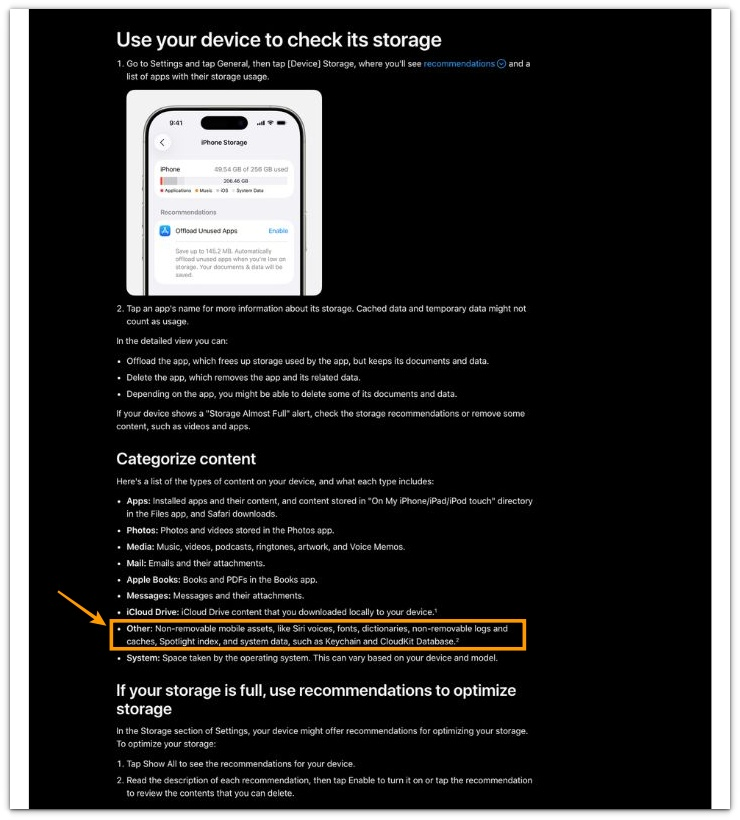 iphone storage full even with free space apple support page showing other category including non-removable logs caches spotlight index and system data structure explanation