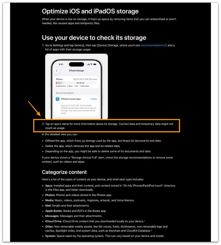 iphone storage not decreasing after deleting files apple support page showing cached data and temporary data might not count as usage note