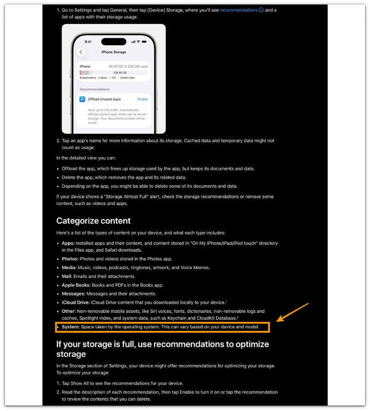 iphone storage bar wrong official apple support page showing system category definition and storage breakdown structure