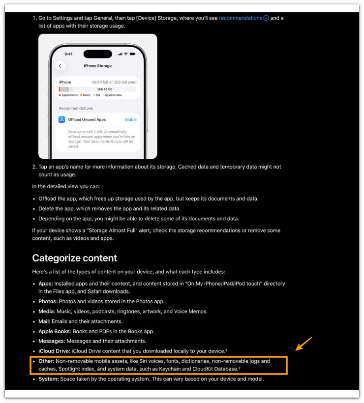 iphone storage increased after ios update official apple documentation explaining other system data including non removable logs caches and spotlight index