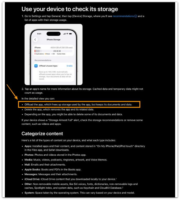 offloaded apps but iphone storage still full apple support page showing offload app keeps documents and data explanation