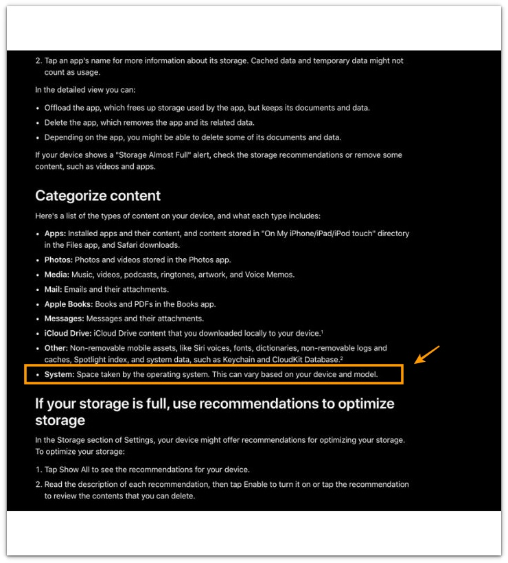 iphone storage category screen showing system space allocation beyond user-level control