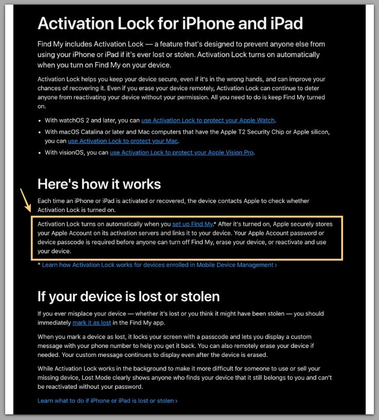 activation lock official documentation showing activation server linkage and account registration structure