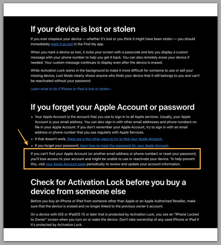 apple activation lock support page showing account recovery and reactivation requirement section highlighted