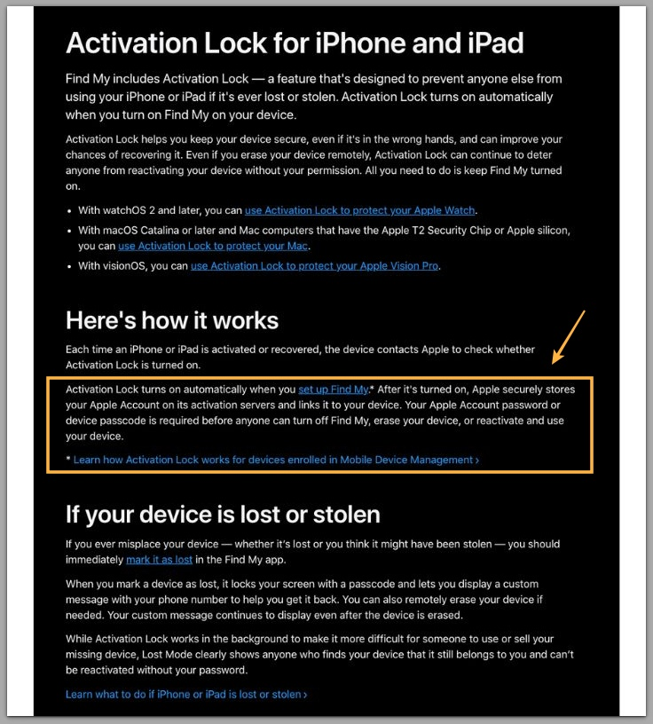 activation lock official apple support page showing server-level account storage explanation