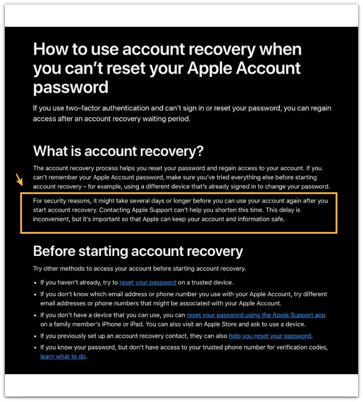 apple account recovery page explaining waiting period and identity verification delay under two-factor authentication